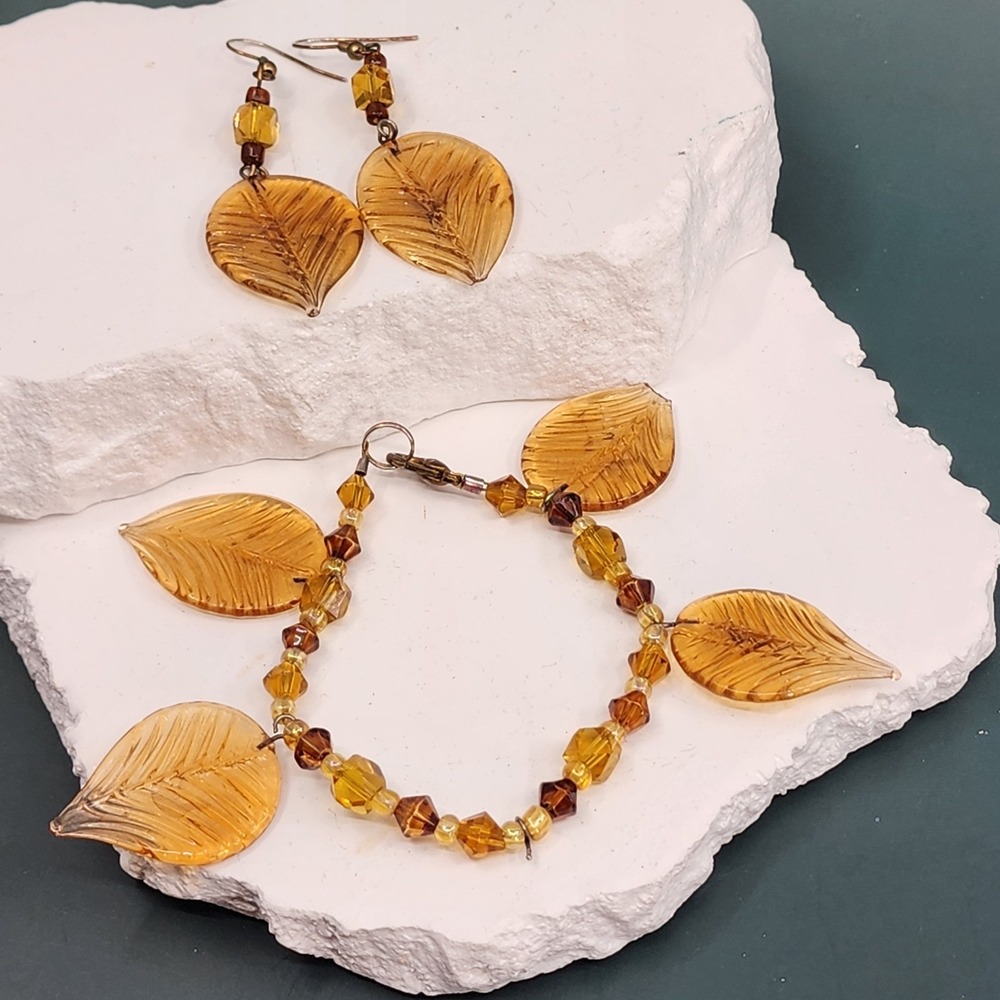 Amber-Tone Glass Leaf Bracelet Earrings Set Brown Beaded Autumn Boho Jewelry